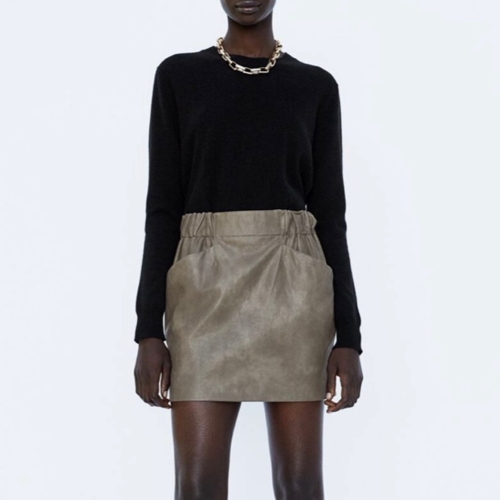Zara Beautiful Brown Taupe Faux Leather Mini Skirt with Two Front Pockets